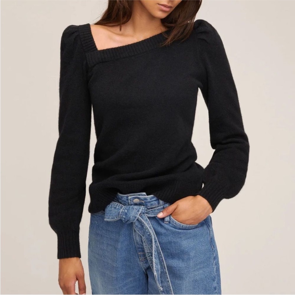 NWOT Marissa Webb Dixie Cashmere Merino Wool V Neck Puff Sleeve Black Sweater